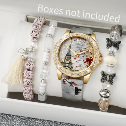 3/4/5PCS Fashion Rhinestone Women's Watch Flowers Printed Leather Band Female Quartz Watches Bracelets Set（Without Box）